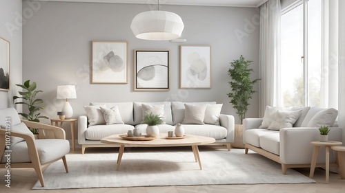 Living room designed in Japandi style, a combination of Scandinavian and Japanese design. The light peach colors of the furniture blend in a subdued way with the