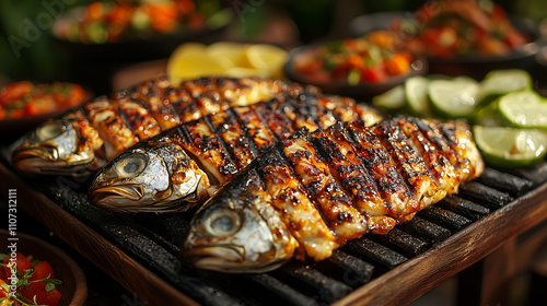 Closeup of three grilled fish fillets on a wooden plank, glistening with oil Slices of lime and blurry background of salads suggest a delicious outdoor meal photo