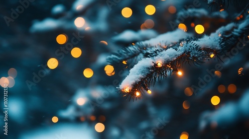 Festive snow-covered pine branches adorned with warm glowing lights in a winter wonderland.