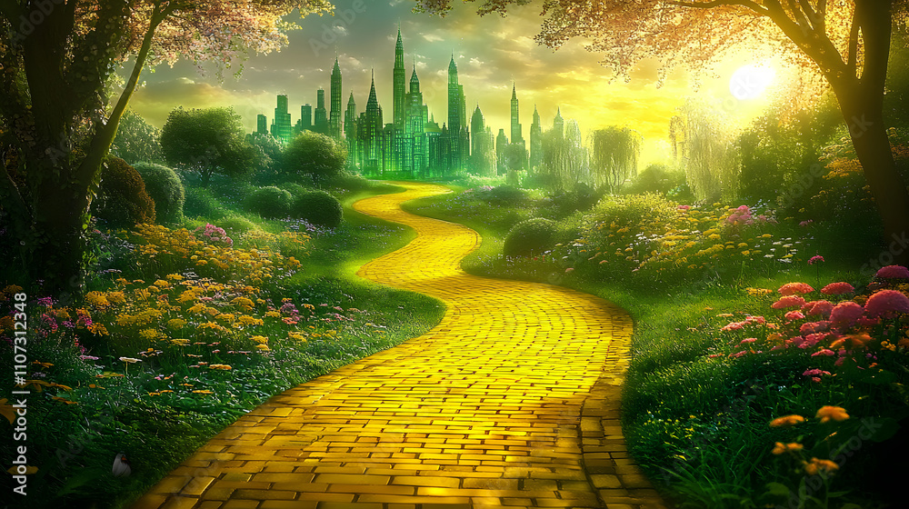 Fototapeta premium Enchanted yellow brick road leading to magical emerald city in springtime , Fantasy, Oz, Magicians