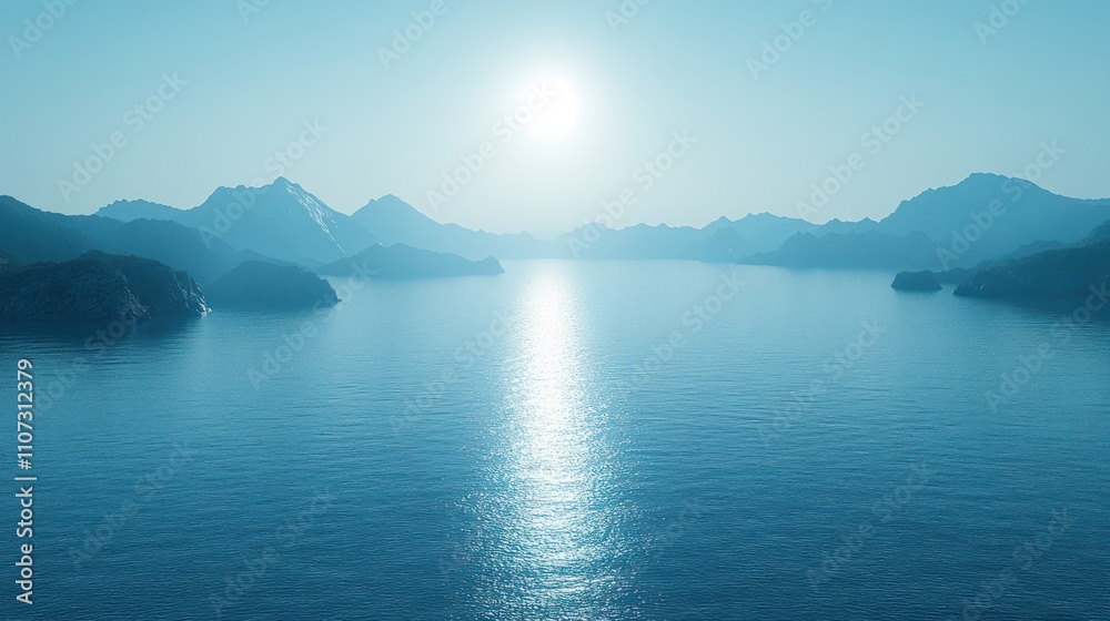 Sun reflecting on calm water in a mountainous landscape. Sun reflecting on calm water in a mountainous landscape.