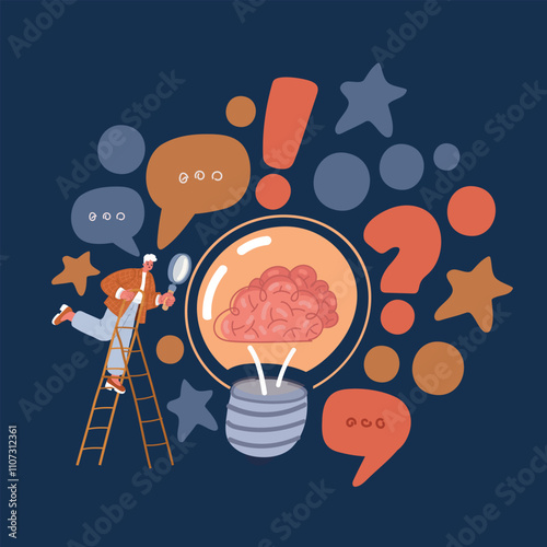 Cartoon vector illustration of a woman examining an idea with a magnifying glass and a lightbulb containing a brain, symbolizing innovation and intellectual exploration