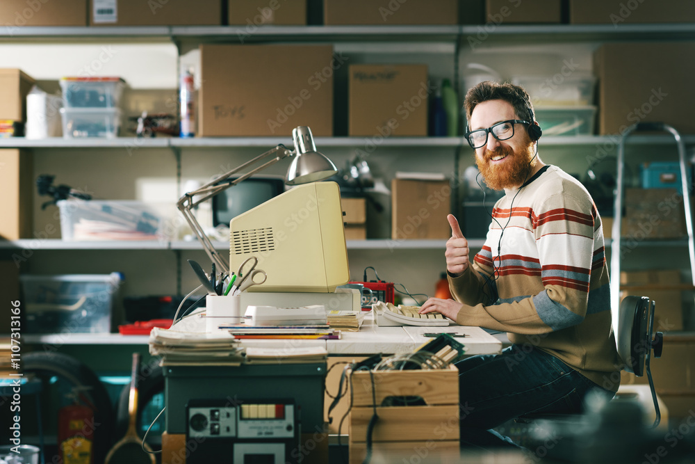 Fototapeta premium Smiling vintage style nerd guy giving a thumbs up