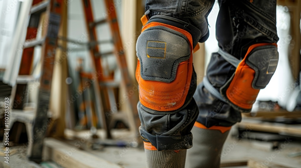 A set of heavyduty knee pads fitted to a construction workers knees to provide protection when working on hard surfaces. A set of heavyduty knee pads fitted to a construction workers knees to provide protection when working on hard surfaces.