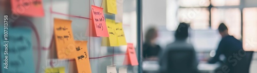 A blurred office scene featuring colorful sticky notes on a wall, with two people in the background engaged in discussion.