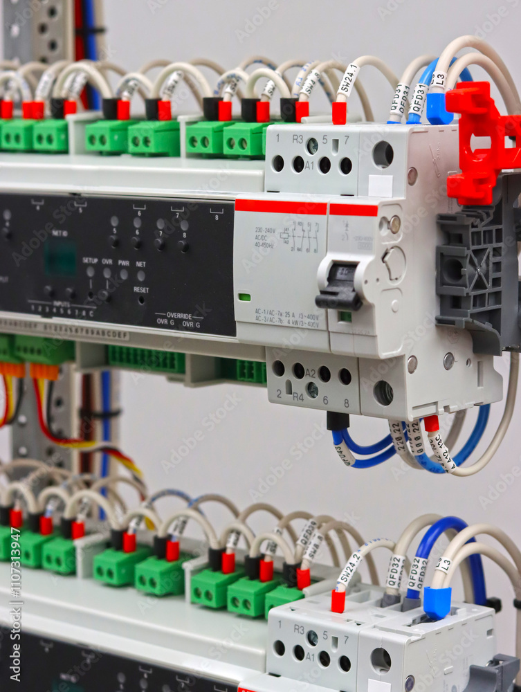 Automation modules in an electrical switchboard. Soft focus. Close-up. Automation modules in an electrical switchboard. Soft focus. Close-up.
