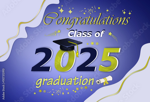  Congratulation class 0f 2025 graduation background template in violet -gold colors design. Education, lgraduation, congratulation , invitation  horizontal template .Free copy space for short message.