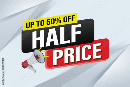 half price sale word mega phone concept vector illustration and 3d style, landing page, template, ui, web, mobile app, poster, banner, flyer, background, gift card, coupon, label, wallpaper

