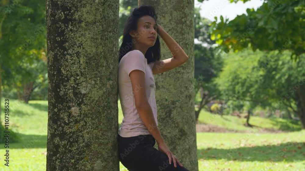 Dressed in jeans, a Latina girl enjoys the lush beauty of a Caribbean park in Trinidad. Dressed in jeans, a Latina girl enjoys the lush beauty of a Caribbean park in Trinidad.