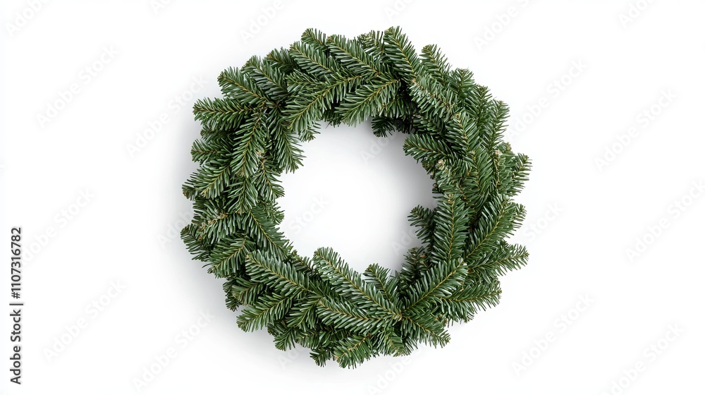 A traditional Christmas wreath composed of evergreen branches pinecones and red berries presented on a white background with copy space A traditional Christmas wreath composed of evergreen branches pinecones and red berries presented on a white background with copy space