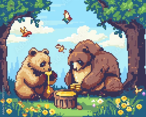 Pixel Art Bears Honey Picnic: Two adorable pixel art bears enjoy a honey picnic amidst a vibrant forest scene, surrounded by butterflies and flowers.  A charming and whimsical illustration. 