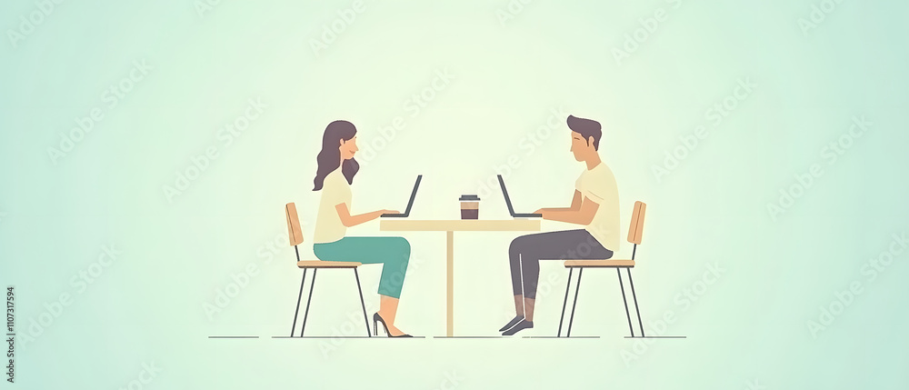 Fototapeta premium Modern Couple Working Remotely on Laptops at Minimalist Table