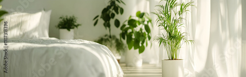 Minimalist Bedroom with White Curtains and Green Plants