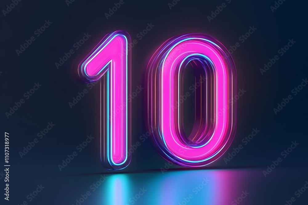 Number Ten futuristic digital symbol, pink blue gradient neon light glowing in the dark. 3d rendering.
Number Ten futuristic digital symbol, pink blue gradient neon light glowing in the dark. 3d rendering.