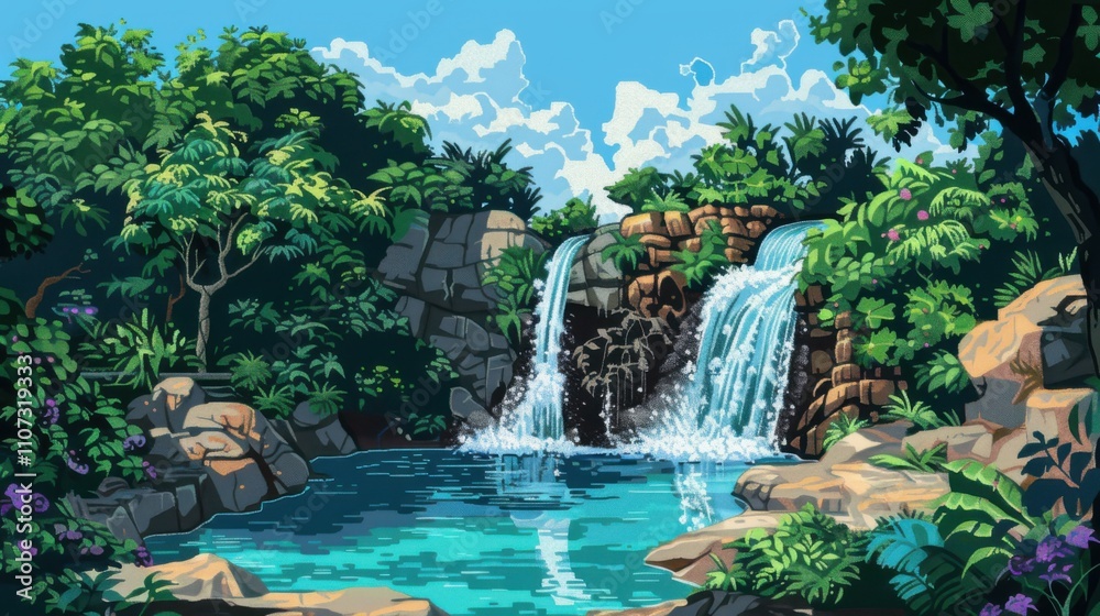 Naklejka premium Pixelated Paradise: A digital masterpiece depicting a serene waterfall cascading into a crystal-clear pool, surrounded by lush foliage and a bright blue sky.