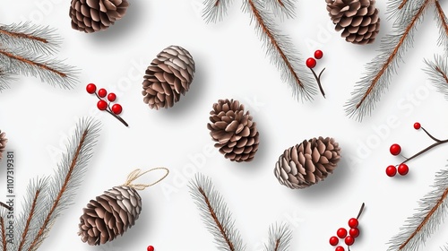 Seamless Christmas pattern of coniferous branches pinecones and red berries perfect for wrapping paper or seasonal cards