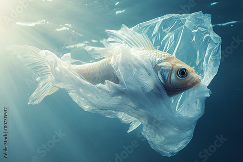 A fish caught in a discarded plastic bag, struggling to swim in the polluted ocean photo