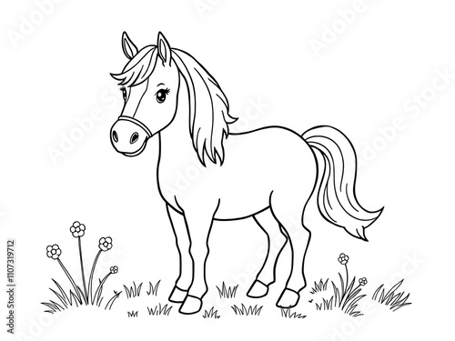 Adorable Hand-Drawn Pony Illustration in a Wildflower Meadow. AI Generated photo