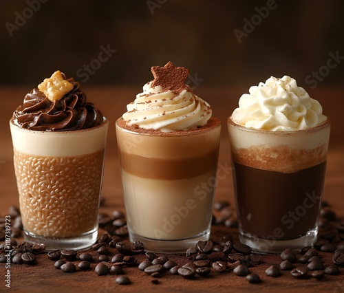 Three elegant coffee-based desserts are arranged in a row on a wooden surface, surrounded by coffee beans. Each dessert is layered and topped with whipped cream and various garnishes photo