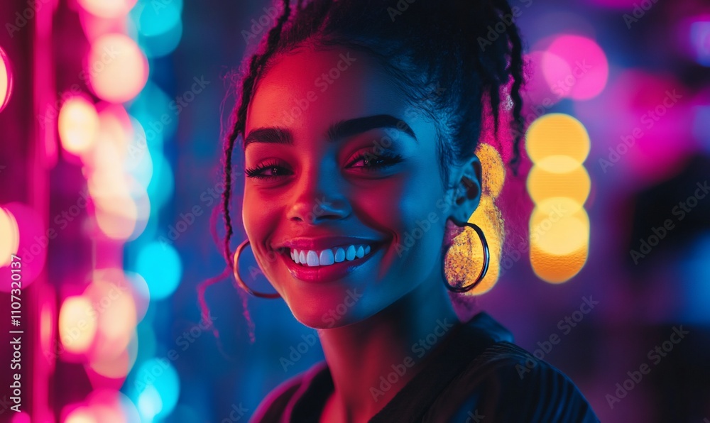 A smiling woman in vibrant, colorful lighting, exuding joy and confidence. A smiling woman in vibrant, colorful lighting, exuding joy and confidence.