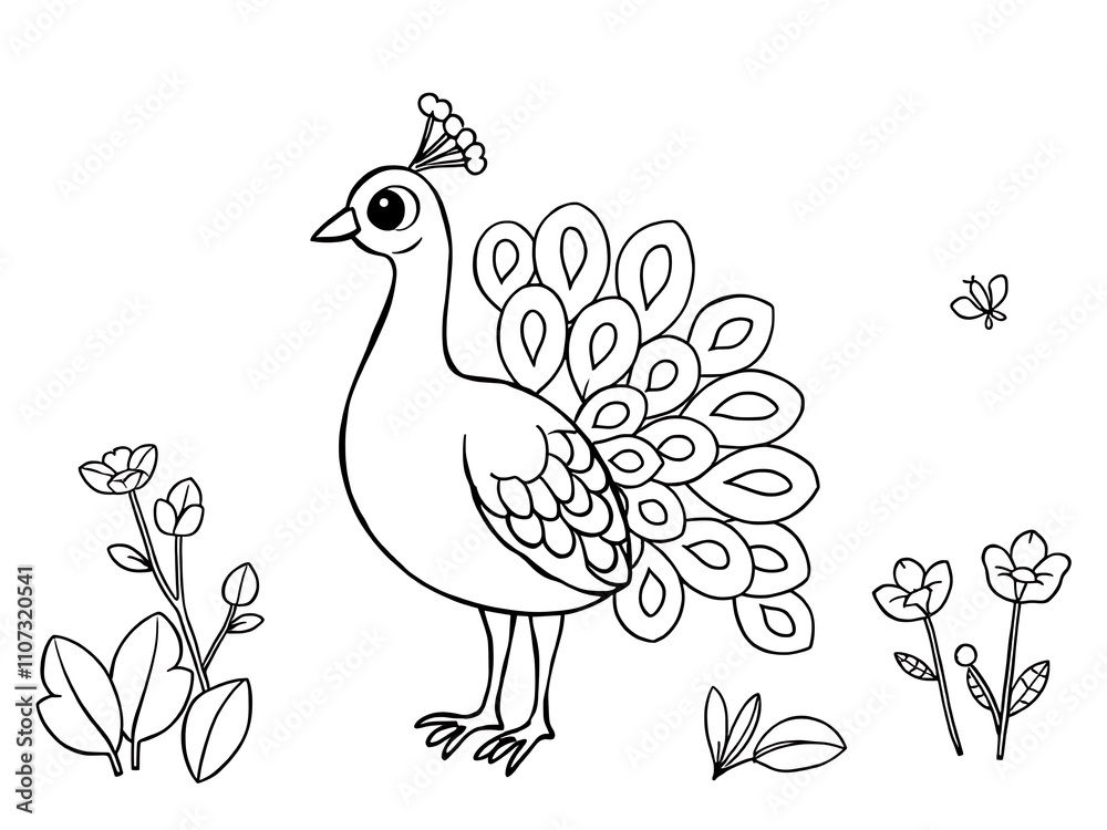 Fototapeta premium Adorable Hand-Drawn Peacock Illustration: Springtime Garden Scene. AI Generated