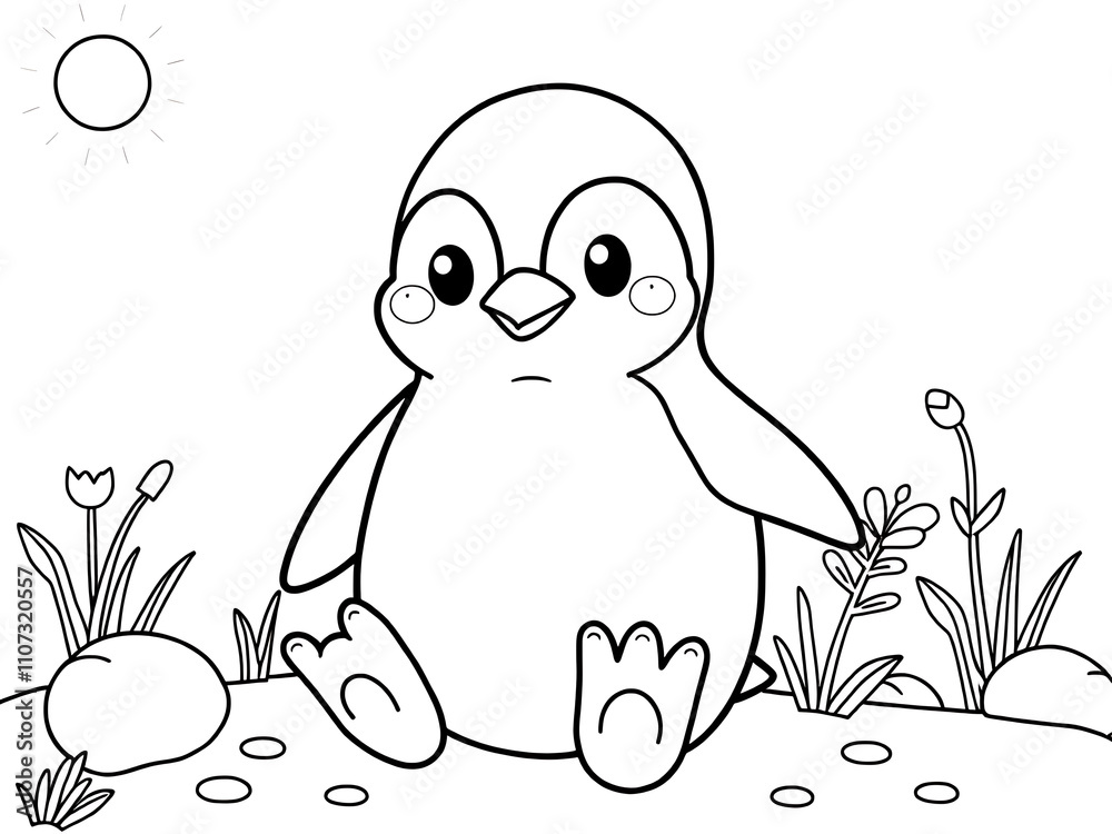 Obraz premium Adorable Penguin Chick Coloring Page: Sunny Day in Antarctica. AI Generated