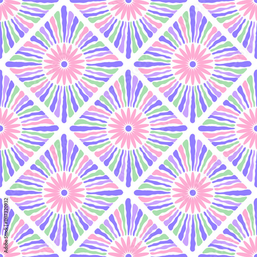 Seamless boho inspired pattern with vibrant floral sunburst designs arranged in a diamond layout.