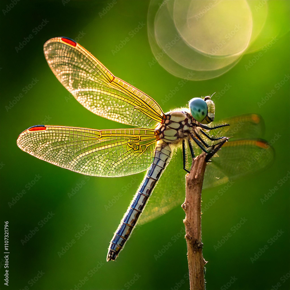A highly detailed macro photo of a dragonfly's translucent wings, capturing the fine veins and reflections of light in natural sunlight. Background blurred with soft greenery A highly detailed macro photo of a dragonfly's translucent wings, capturing the fine veins and reflections of light in natural sunlight. Background blurred with soft greenery