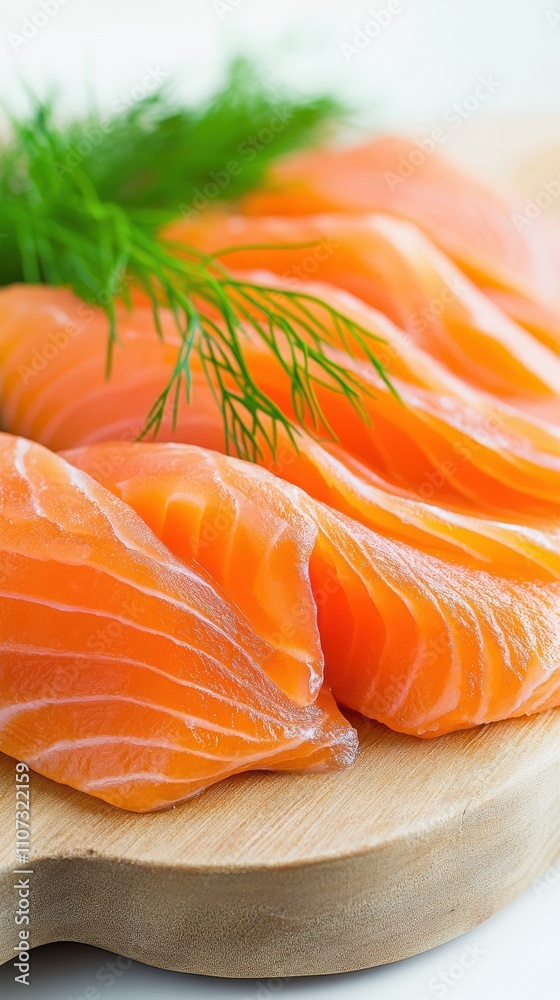 Freshly sliced salmon fillets garnished with dill, placed on a wooden cutting board, showcasing vibrant colors and culinary presentation. Freshly sliced salmon fillets garnished with dill, placed on a wooden cutting board, showcasing vibrant colors and culinary presentation.