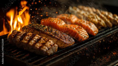 Closeup of delicious grilled salmon fish and chicken fillets sizzling on a hot BBQ grill Flames and sparks add to the vibrant scene photo