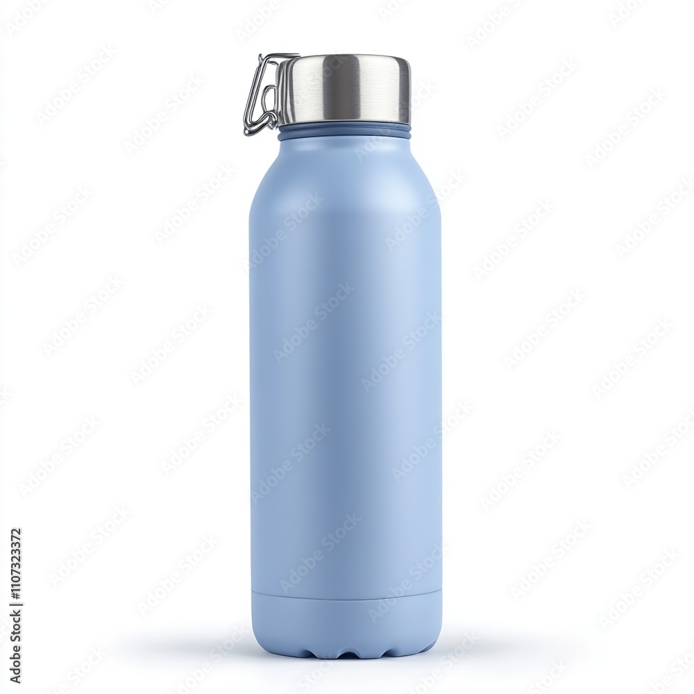 Light blue stainless steel water bottle with silver lid and carrying loop. Light blue stainless steel water bottle with silver lid and carrying loop.