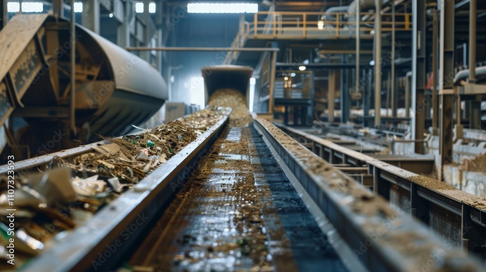 A conveyor belt system transporting various recycled materials such as shingles and insulation into different processing areas. A conveyor belt system transporting various recycled materials such as shingles and insulation into different processing areas.