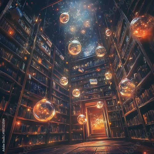 A magical library with floating lights glowing