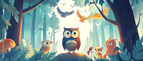 Majestic Owl and Adorable Animals in a Serene Forest Illustration photo