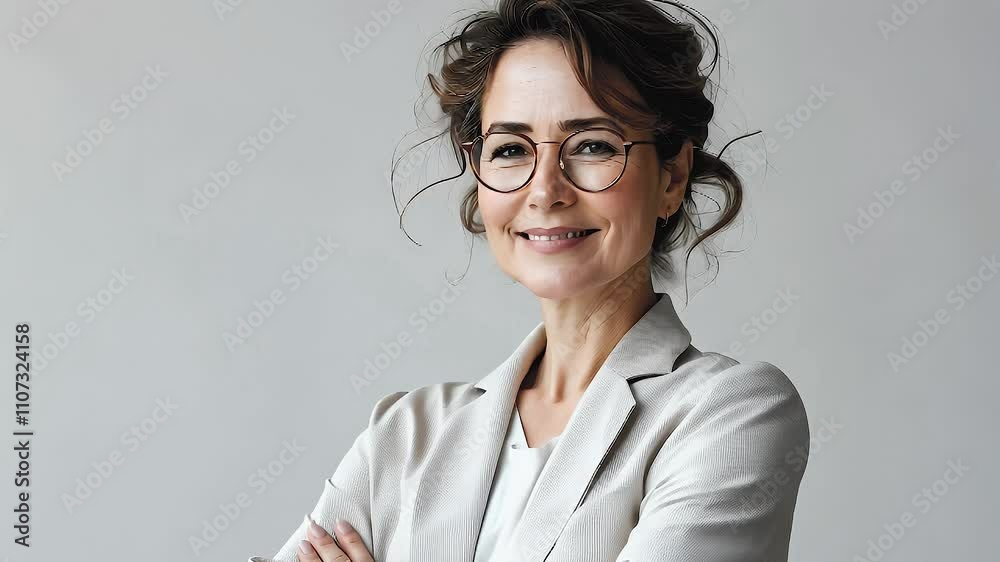 Confident woman in business suit, smiling with arms crossed, exuding professionalism and approachability in portrait taken in office, showcasing her glasses and charm. Confident woman in business suit, smiling with arms crossed, exuding professionalism and approachability in portrait taken in office, showcasing her glasses and charm.