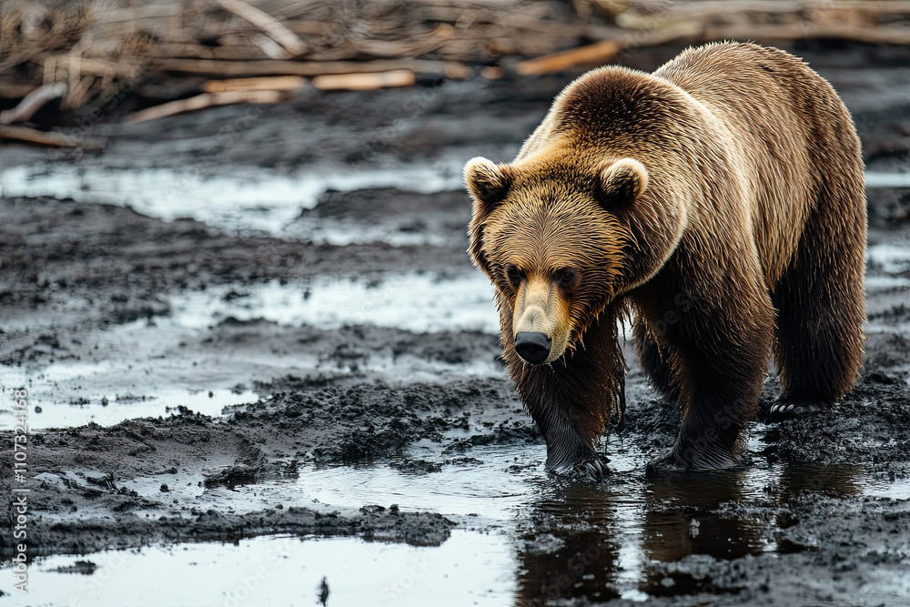 Fototapeta premium A bear foraging near a polluted river, with oil slicks on the water surface