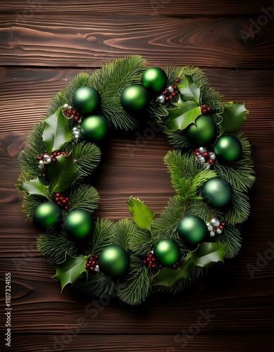 Wreath made of green Christmas balls and holly branch on wooden table photo