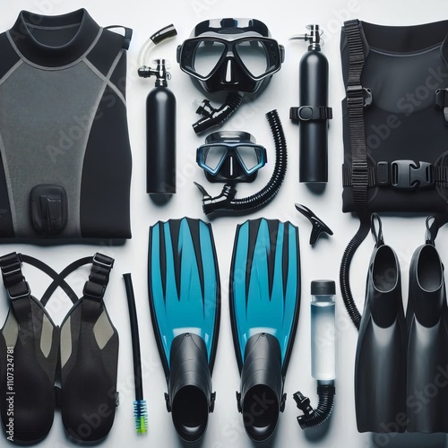 Essential scuba diving equipment including mask fins snorkel and photo