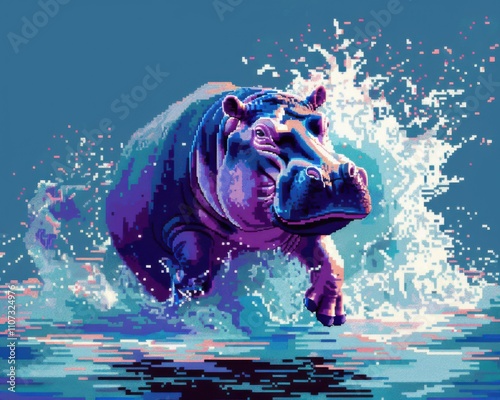 Hippopotomonstrosity: A vibrant, cartoonish illustration of a playful hippopotamus bursting from the water, its massive form splashing with vibrant energy against a backdrop of mesmerizing blue hues. photo