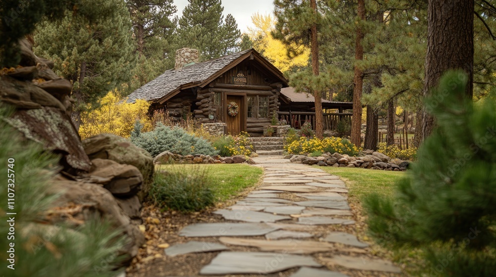 Rustic log cabin nestled in autumnal woods, stone path leading to entrance. Rustic log cabin nestled in autumnal woods, stone path leading to entrance.