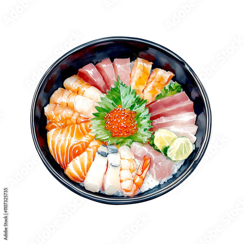 Watercolor illustration of fresh and delicious-looking seafood bowl of Japanese food on white background.