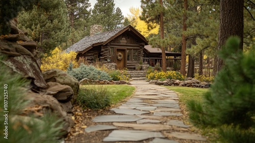 Rustic log cabin nestled in autumnal woods, stone path leading to entrance.