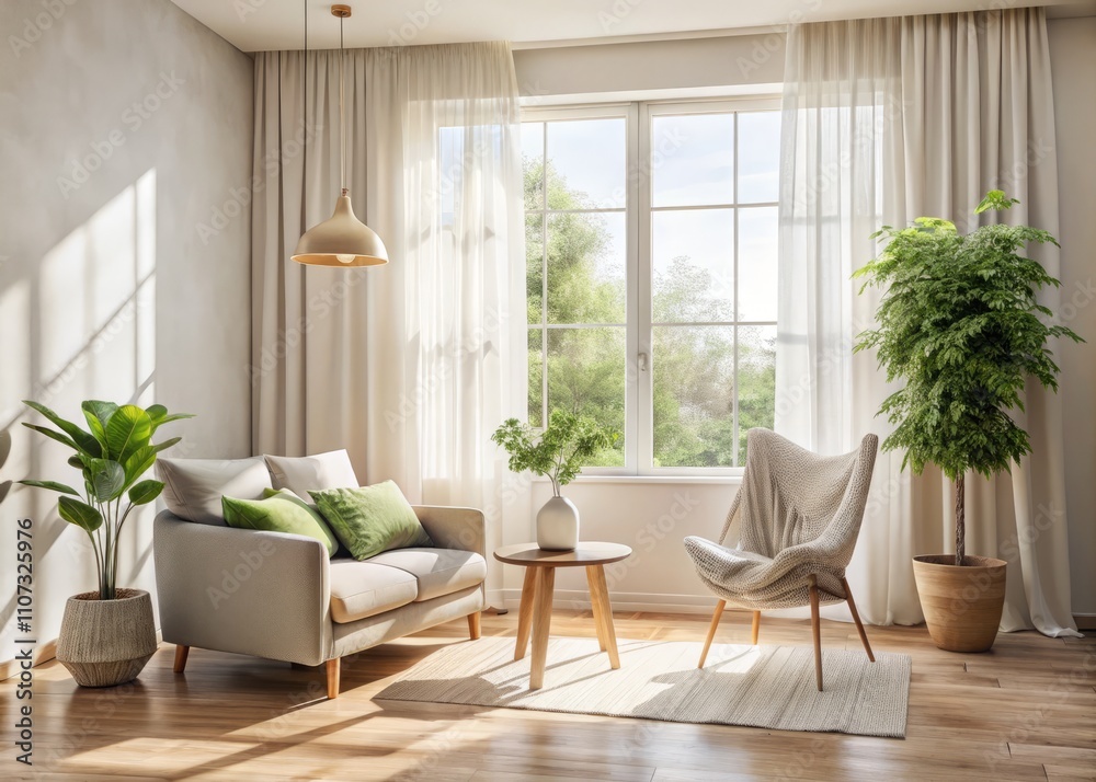 Fototapeta premium Minimalistic Summer Room Bathed in Sunlight: A Serene Space for Relaxation and Reflection in a Bright, Airy Atmosphere