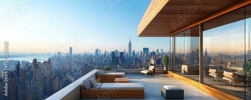 Minimalist rooftop patio, private seating areas, urban view, 3D illustration