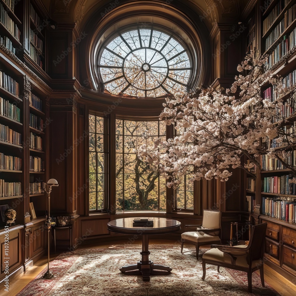 Sunlit library with cherry blossom tree, bookshelves, and round window. Sunlit library with cherry blossom tree, bookshelves, and round window.