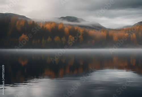 Beautiful lake in misty morning Mountains forest and clouds reflected in the calm water surface Norw photo