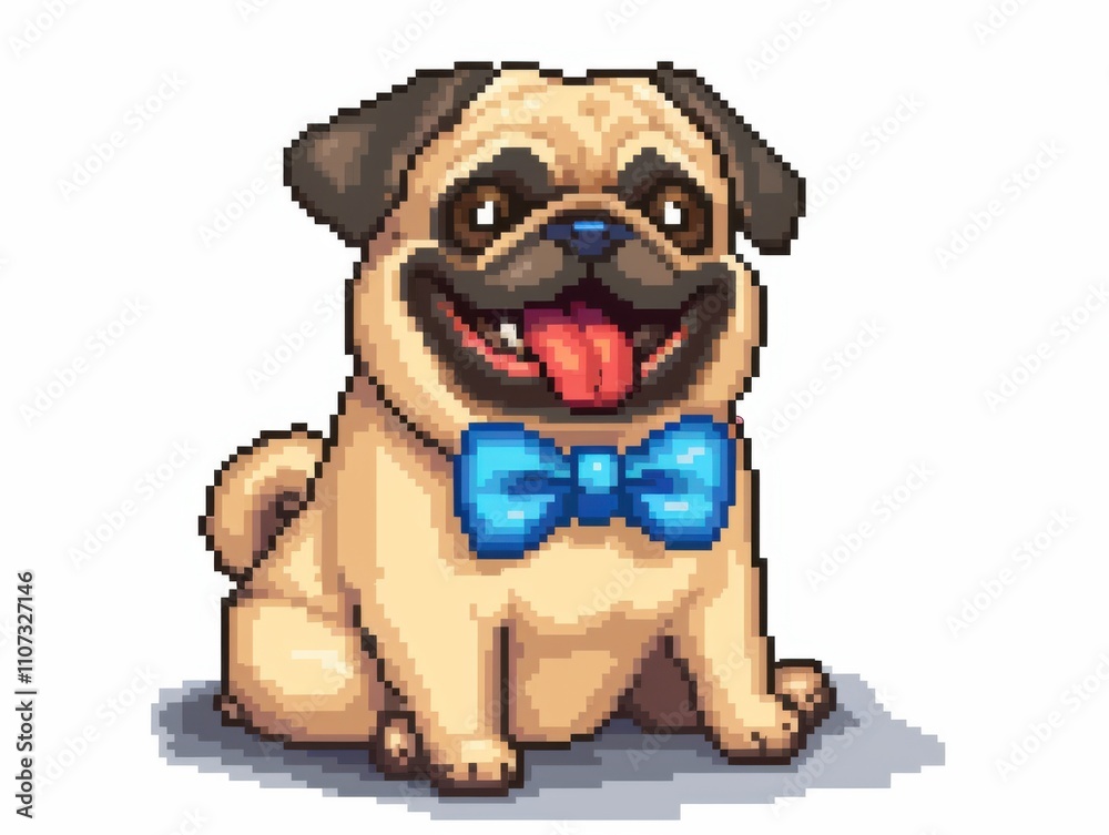 Fototapeta premium Pixel Pug in Bow Tie: An adorable pixel art pug, sporting a light blue bow tie, sits cheerfully, capturing the playful spirit of digital pet art. 