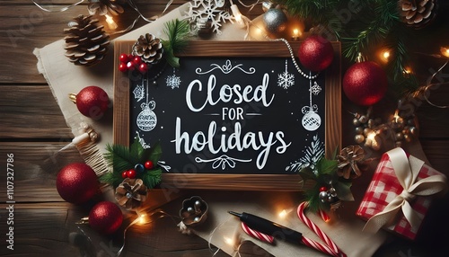 Chalkboard sign 'closed for holidays' with christmas ornaments and lights symbolizes office shutdown for christmas.
