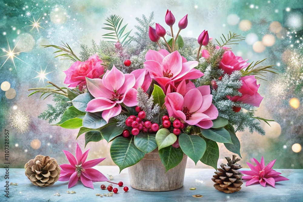 Watercolor Pink Cyclamen and Poinsettia Clipart with Eucalyptus Leaves for Christmas Digital Scrapbooking and Winter Bouquets in Soft Pink Decor