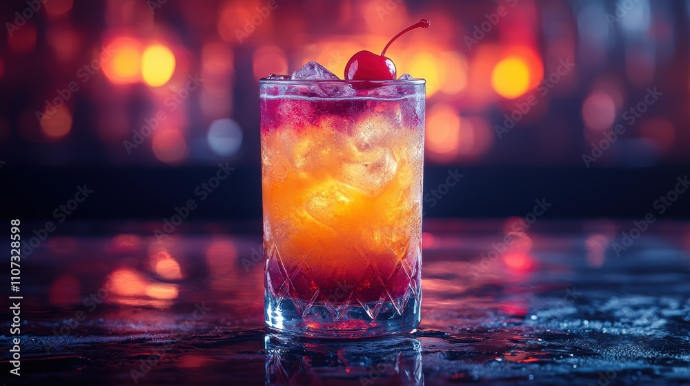 Bright alcohol cocktail with ice on the bar counter in the bar. Bright alcohol cocktail with ice on the bar counter in the bar.